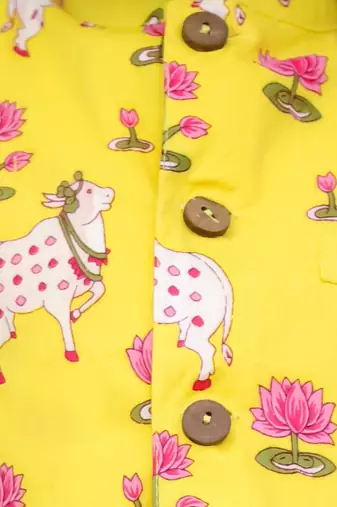 Yellow printed cotton nandi motif jacket kurta set for boys