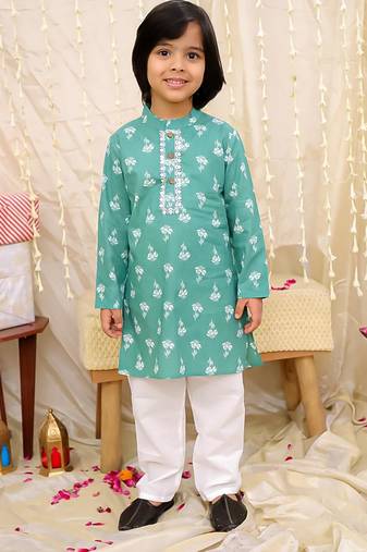Green printed cotton floral tiny threads kurta pajama set for boys