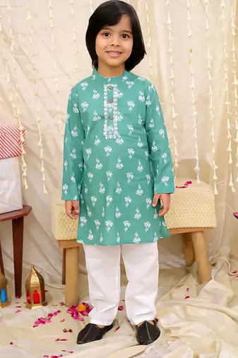Green printed cotton floral tiny threads kurta pajama set for boys