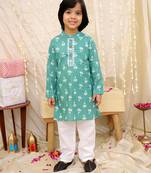 Green printed cotton floral tiny threads kurta pajama set for boys