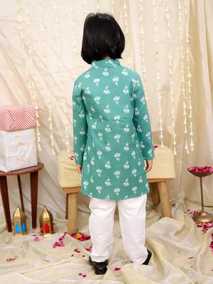 Green printed cotton floral tiny threads kurta pajama set for boys 2