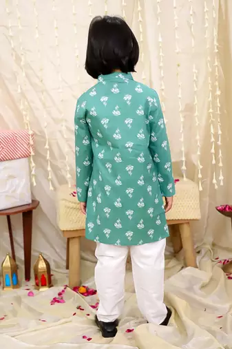 Green printed cotton floral tiny threads kurta pajama set for boys