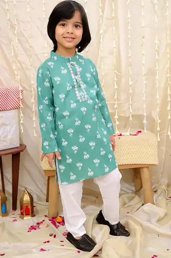 Green printed cotton floral tiny threads kurta pajama set for boys
