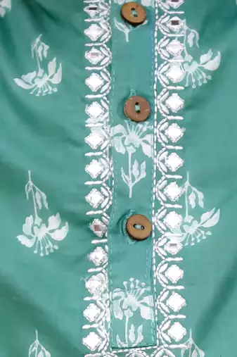 Green printed cotton floral tiny threads kurta pajama set for boys