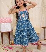 Blue printed cotton jungle jam long dress for girls