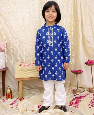 Blue printed cotton floral tiny threads kurta pajama set for boys 1