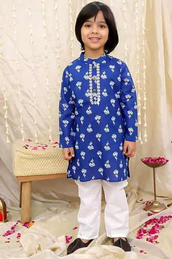 Blue printed cotton floral tiny threads kurta pajama set for boys