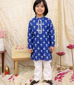Blue printed cotton floral tiny threads kurta pajama set for boys