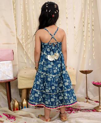 Blue printed cotton jungle jam long dress for girls 2