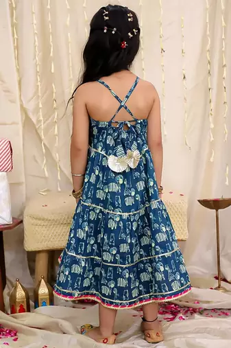 Blue printed cotton jungle jam long dress for girls