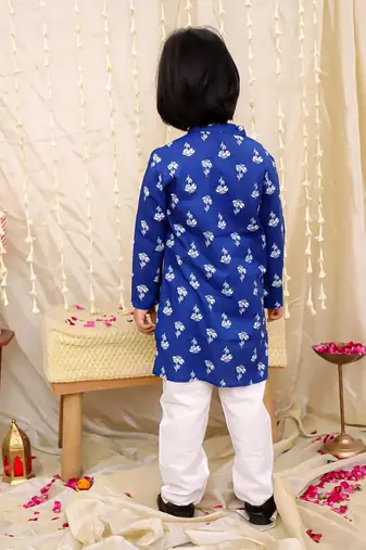 Blue printed cotton floral tiny threads kurta pajama set for boys