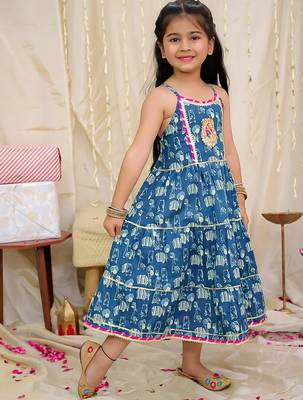 Blue printed cotton jungle jam long dress for girls 3