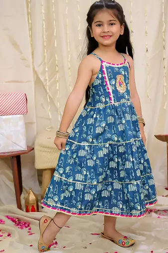 Blue printed cotton jungle jam long dress for girls