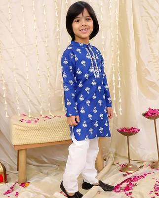 Blue printed cotton floral tiny threads kurta pajama set for boys 3