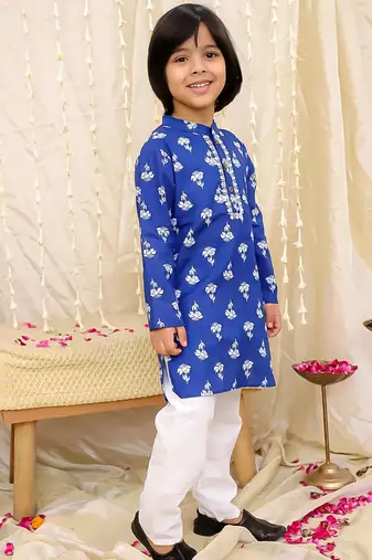 Blue printed cotton floral tiny threads kurta pajama set for boys