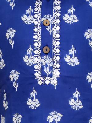 Blue printed cotton floral tiny threads kurta pajama set for boys 4