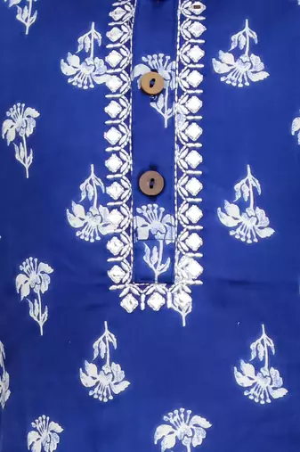 Blue printed cotton floral tiny threads kurta pajama set for boys