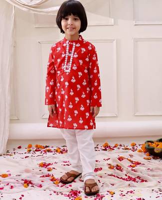 Red printed cotton floral tiny threads kurta pajama set for boys 1