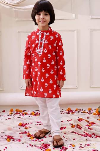 Red printed cotton floral tiny threads kurta pajama set for boys