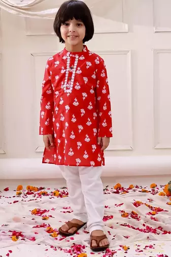 Red printed cotton floral tiny threads kurta pajama set for boys