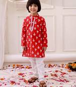 Red printed cotton floral tiny threads kurta pajama set for boys