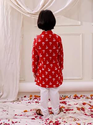Red printed cotton floral tiny threads kurta pajama set for boys 2