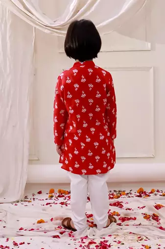 Red printed cotton floral tiny threads kurta pajama set for boys