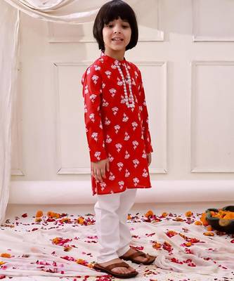Red printed cotton floral tiny threads kurta pajama set for boys 3