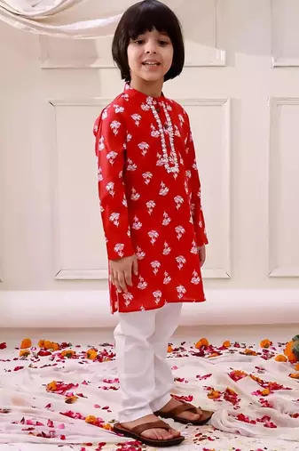 Red printed cotton floral tiny threads kurta pajama set for boys