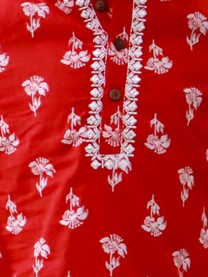 Red printed cotton floral tiny threads kurta pajama set for boys 4