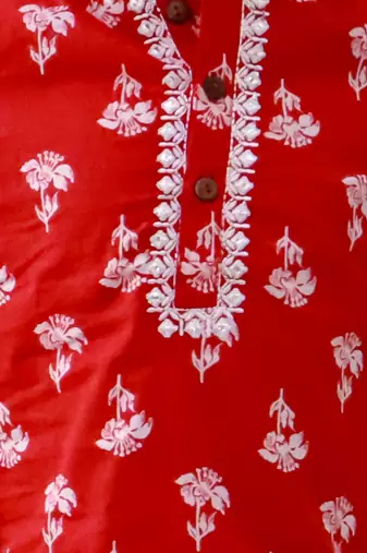 Red printed cotton floral tiny threads kurta pajama set for boys