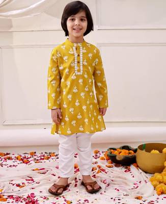 Mustard printed cotton floral tiny threads kurta pajama set for boys 1