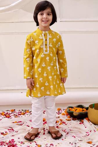 Mustard printed cotton floral tiny threads kurta pajama set for boys