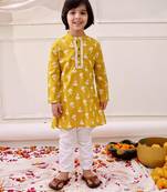 Mustard printed cotton floral tiny threads kurta pajama set for boys