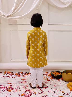 Mustard printed cotton floral tiny threads kurta pajama set for boys 2