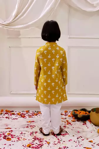 Mustard printed cotton floral tiny threads kurta pajama set for boys