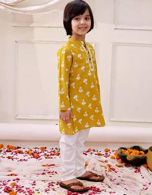 Mustard printed cotton floral tiny threads kurta pajama set for boys 3