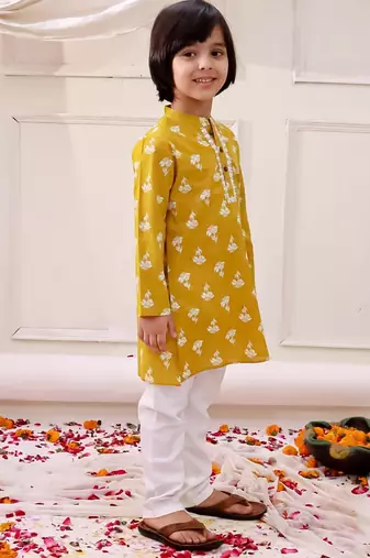 Mustard printed cotton floral tiny threads kurta pajama set for boys
