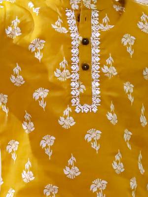 Mustard printed cotton floral tiny threads kurta pajama set for boys 4