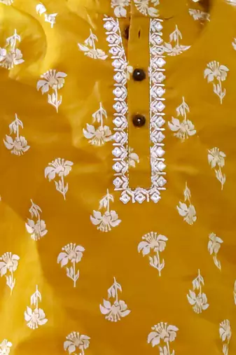 Mustard printed cotton floral tiny threads kurta pajama set for boys