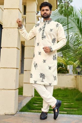 Cream roman silk kurta with black embroidery work