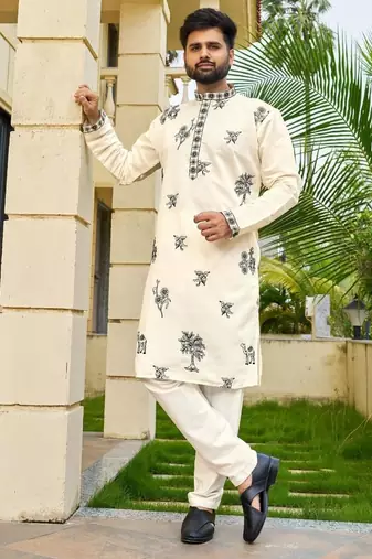 Cream roman silk kurta with black embroidery work