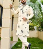 Cream roman silk kurta with black embroidery work