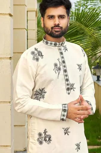 Cream roman silk kurta with black embroidery work