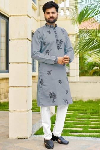 Grey roman silk kurta with black embroidery work