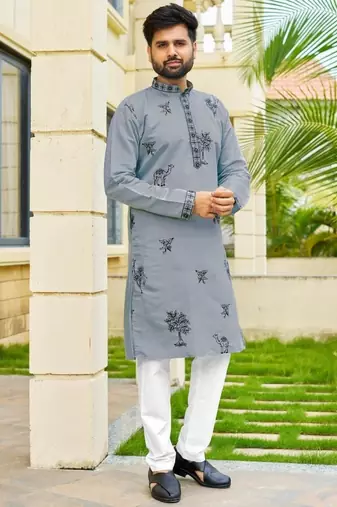 Grey roman silk kurta with black embroidery work