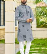 Grey roman silk kurta with black embroidery work