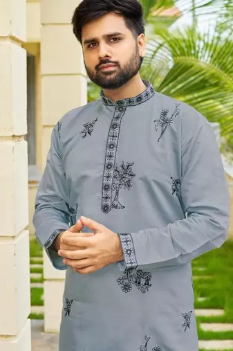 Grey roman silk kurta with black embroidery work