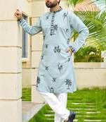 Light teal roman silk kurta with black embroidery work