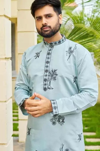Light teal roman silk kurta with black embroidery work